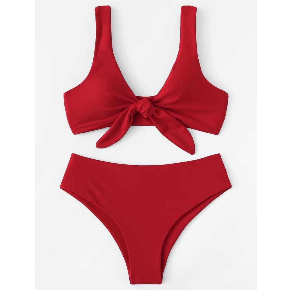 Knotted Bow Bikini Red High Waist Slimming Swim - Picture 2 of 4